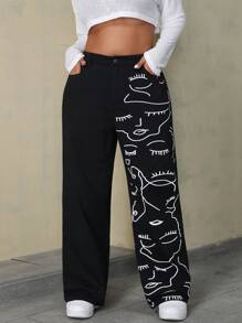 SHEIN EZwear Plus Size Women Abstract Face Print Wide Leg Loose Casual Boyfriend Jeans