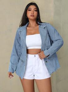 SHEIN EZwear Plus Size Casual Denim Collar Jacket, Spring Autumn