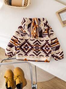 SHEIN Cute And Stylish Pattern Fleece Hooded Jacket Suitable For Autumn Winter Outings, Skiing, Birthday Party, Christmas Party, Evening Party, Performance, Wedding, One Month Celebration, Baptism And First Birthday Party For Baby Boys And Girls