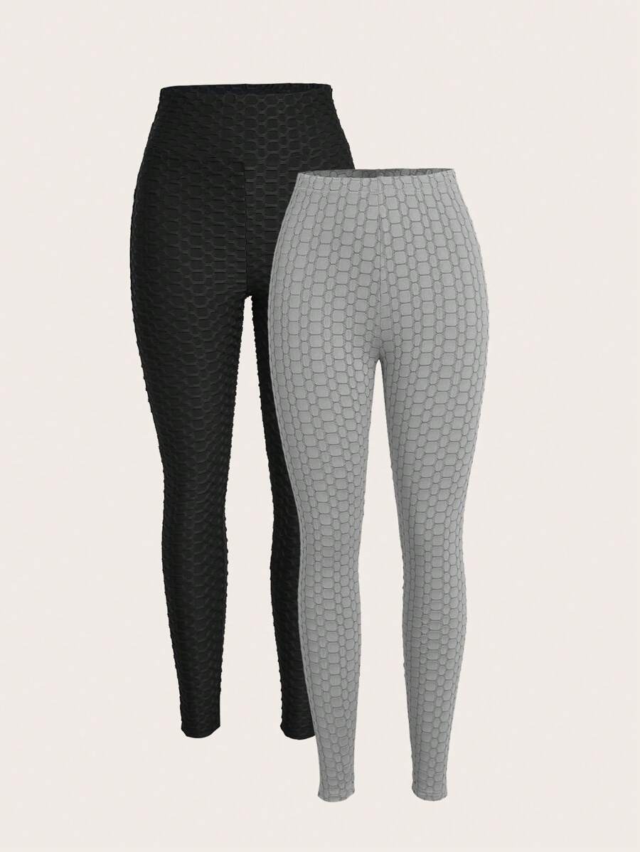 SHEIN EZwear 女款双色针织高弹力腰紧身裤 - 彩色 - 查看 1