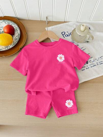 SHEIN ModeFlare Wear Baby Girls' Simple Short Sleeve Shorts Set, Summer