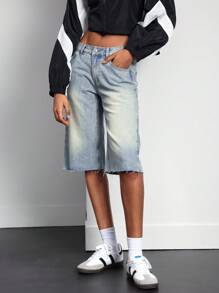 Quần jean lửng denim wash mùa hè dành cho nữ - Màu xanh lam - Xem 6