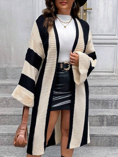SHEIN LUNE Plus Size Women's Contrast Color Drop Shoulder Long Sleeve Loose Casual Cardigan, Autumn/Winter Fall Cloth For Women