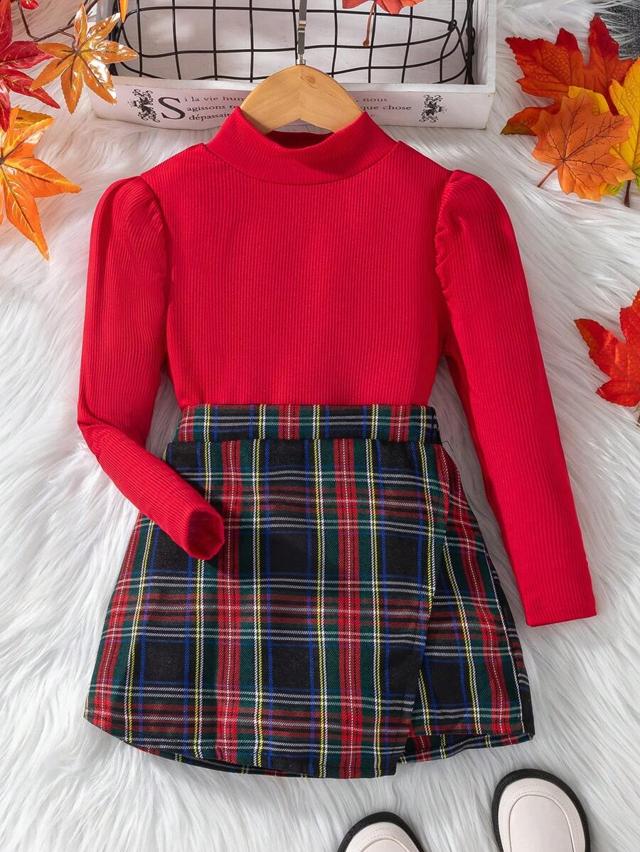 Christmas 2pcs Young Girl Urban Elegant Red Rib Knit High Neck Top And Red-Green Plaid Skort Set,Autumn,Family Matching,Back-To-School Party Outfit - Red - View 1