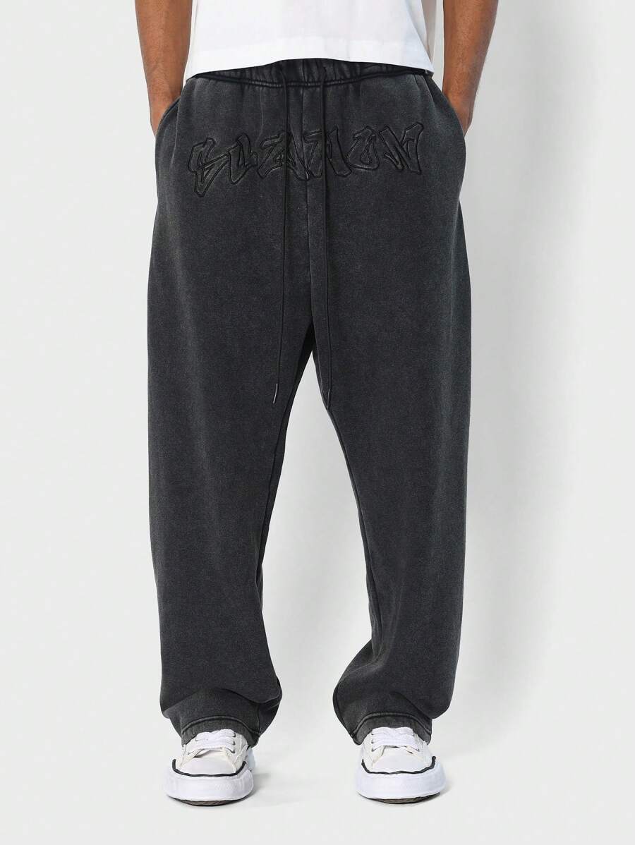 SUMWON Athletic Loose Fit Sweatpants Embroidered Logo Casual Streetwear Drawstring Waist Comfortable Winter Training Pants - Black - View 1