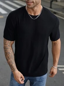 Manfinity Homme Áo thun nam cổ tròn tay ngắn màu trơn thời trang cỡ lớn, thường ngày, đi chơi - màu đen - Xem 3