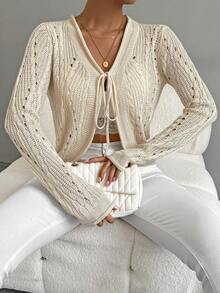 SHEIN LUNE Sheer Tie-Front Short Kimono Cardigan With Curved Hem - Apricot - View 4