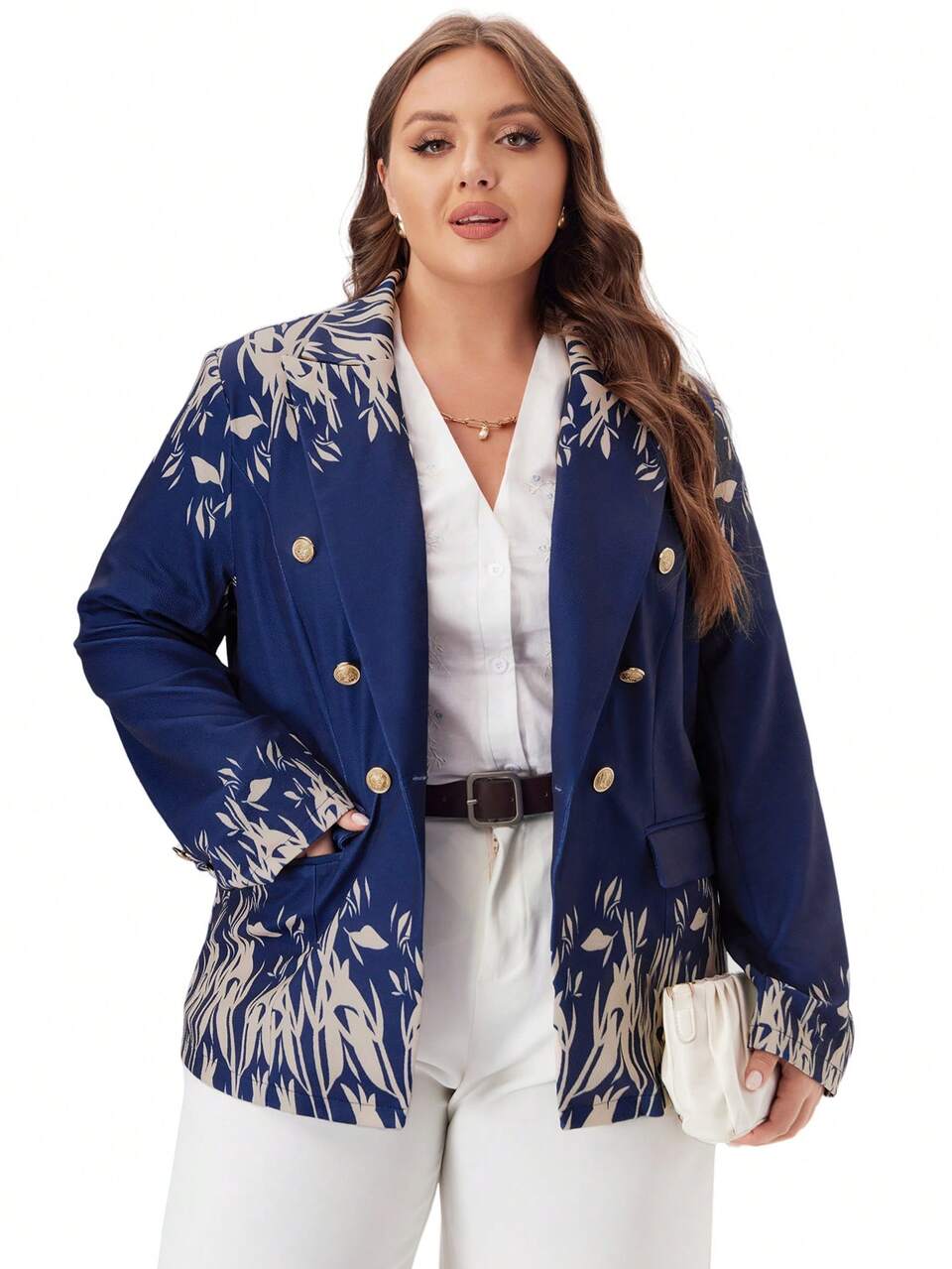 Plus Size Floral Print Double-Breasted Blue Suit Jacket With Pockets,Women Blazers,Fall/Winter,