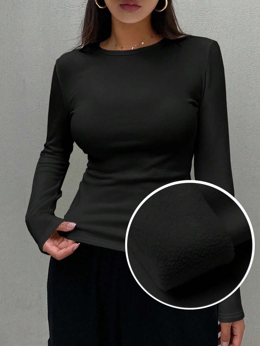 DAZY Women's Long Sleeve Thermal Lined T-Shirt, Fall Clothes Preppy Tops,Thermal Lined,Winter - Black - View 1