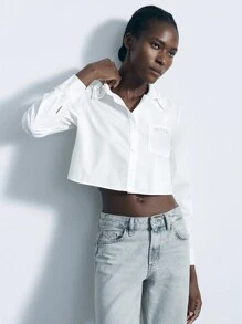 Maija 女士水钻装饰短款长袖口袋前扣休闲衬衫、上衣 - 白色 - 查看 4