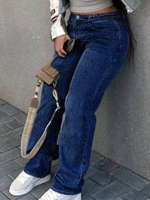 Women's Solid Color Minimalist Straight Leg Jeans, Casual Everyday Wear - Dark Wash - View 3