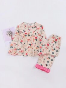 Girls Casual Rabbit & Floral Print Comfy Long Sleeve Pajama Set - Multicolor - View 1