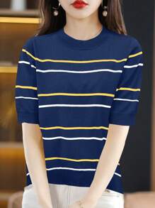 SHEIN Unity Blusa de punto de manga corta con rayas de contraste para mujer