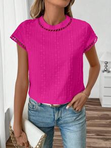 Breezaya Women's Summer Solid Color Hollow Round Neck Cap Sleeve Blouse - Hot Pink - View 1