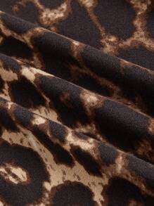 ROMWE Grunge Punk Y2K Leopard Print Deep-V Waist Ruched Women's Fitted T-Shirt, Fall Tee