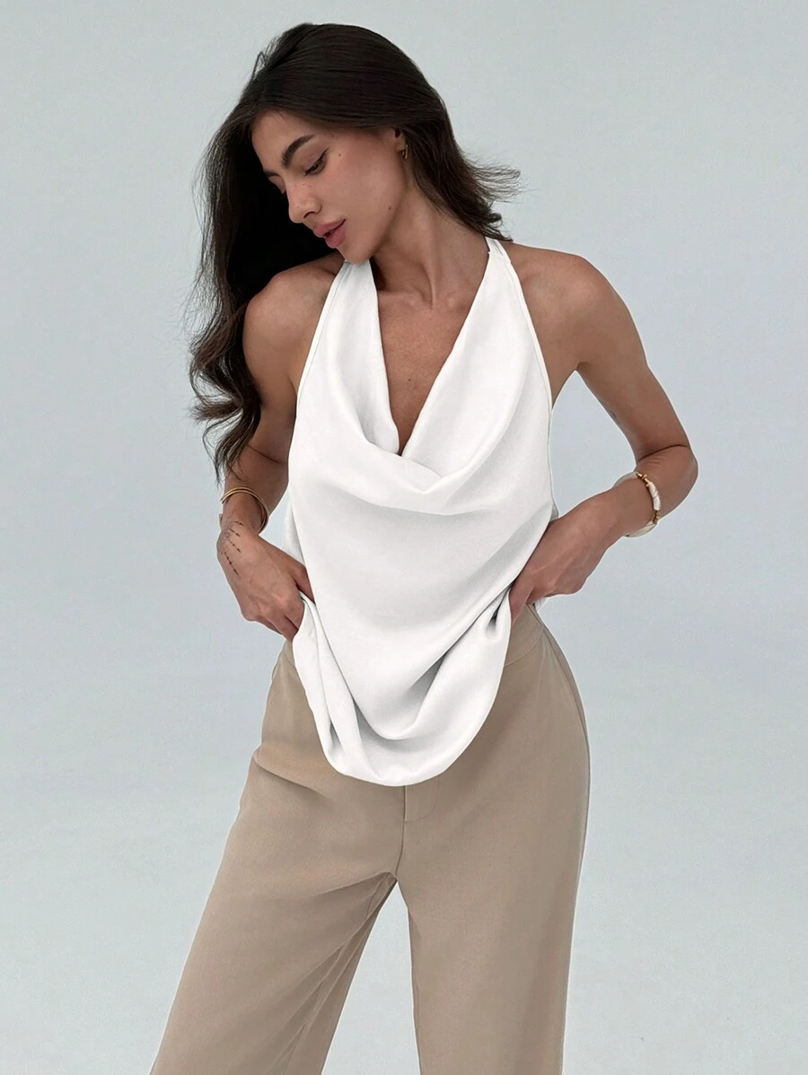 Aloruh Top sin mangas de cuello en pico minimalista ajustado al Body para mujer - Blanco - Ver 1