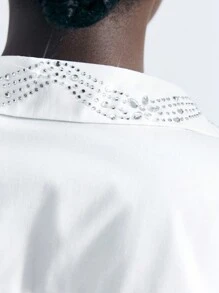 Maija 女士水钻装饰短款长袖口袋前扣休闲衬衫、上衣 - 白色 - 查看 6