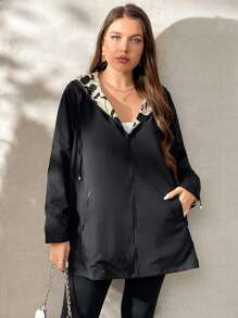 SHEIN Clasi Reversible Windbreaker Jacket, & Print On One Side, Solid Color On The Other Side, Plus Size, Autumn Winter Fall - Camel - View 3