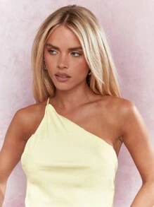 MISSGUIDED Textured Satin Asymmetric One Shoulder Backless Top One Shoulder Topasymmetrical Topyellow Top - Yellow - View 3