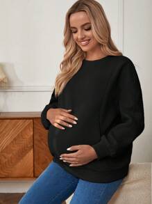 SHEIN Pregnant Women Winter Solid Round Neck Long Sleeve Pullover Fleece Nursing Sweatshirt, For Maternity