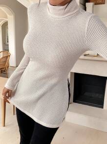 SHEIN Frenchy Áo thun nữ thu xuân màu trơn cổ cao bên xẻ tà áo thun dài tay - Màu be - Xem 4