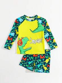 Conjunto de traje de baño para niño pequeño con bóxer de manga larga con estampado tropical de dinosaurios para verano