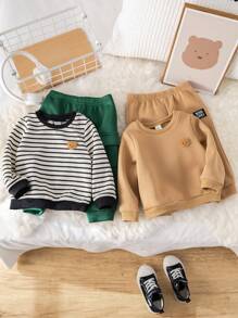 SHEIN 4pcs Baby Boys Autumn/Winter Cute 4 Pieces Set, Black & White Striped Patchwork Sweatshirt, Cartoon Bear Pattern Sweatshirt & Pants, Thicken Thermal Lined , Suitable For Indoor & Outdoor