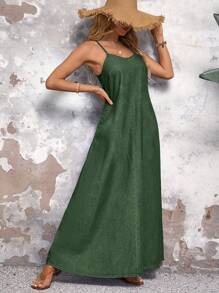 Colorful Spaghetti Strap Loose Long Denim Dress, Casual Everyday Wear - Green - View 3