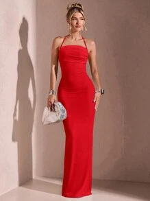 SHEIN BAE Women's Romantic Backless High Slit Halter Ruffle Wrap Vacation Dress For Summer - Red - View 6