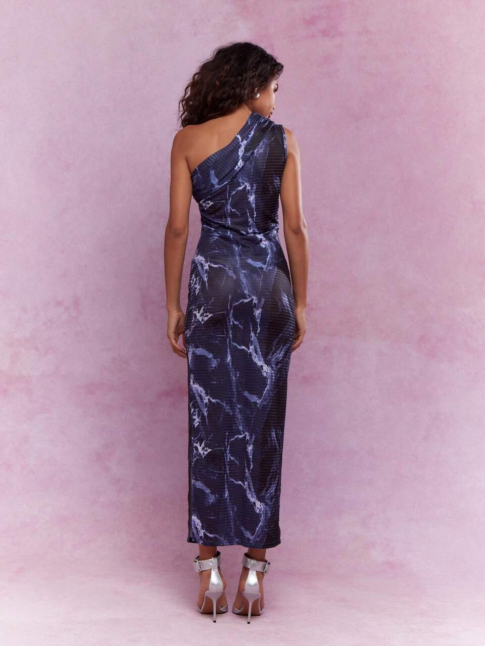 MISSGUIDED Sheer Mesh Asymmetric One Shoulder Ruched Maxi Dress