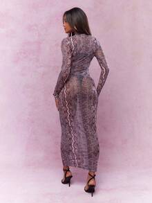 MISSGUIDED 蛇纹半透明高领长袖紧身长裙 - 彩色 - 查看 2