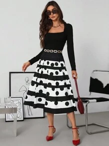 SHEIN Clasi Gonna a ruota elegante a pois bianca e nera per donne - Bianco e nero - Visualizzare 6