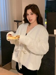 DAZY Short Casual Furry Ladies Regular Jacket,Thermal Lined Women Coats - Beige - View 3