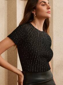 Anewsta Camiseta elegante de mujer de manga corta con detalles de rhinestone transparentes