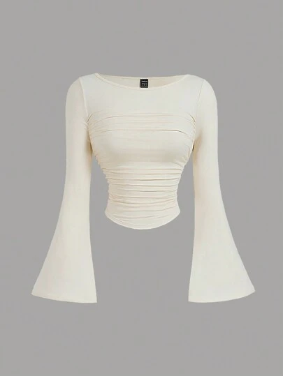 SHEIN MOD 休闲纯色船领喇叭袖褶皱腰百搭 T 恤、修身 T 恤、有袖上衣、长袖女士