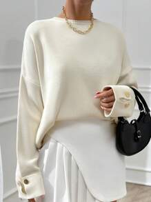 EURMUSE Woman Double Sleeve Button Detailed Oversize Thick Winter Sweater Warm Touch - Beige - View 4