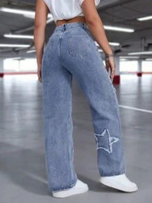 Damen einfache Alltagshose aus Denim mit Sternstickerei