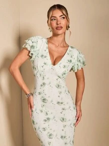 SHEIN BAE Women Ruffled Bodycon Dress With Floral Print And Spaghetti Strap Deep V-Neck Long Dress