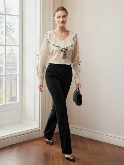 V-NECK CONTRAST BINDING RUFFLE TRIM TOP