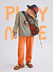 2pcs Tween Boys Printed Outdoor Sweatshirt And Sweatpants Set - Dark Grey - View 1