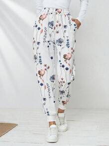 SHEIN LUNE 女式新款花卉印花抽绳腰袋踝带休闲运动裤，秋冬款 - 白色 - 查看 1