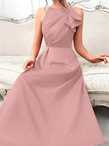 Modelyn Women's Summer Solid Color Ruffle Hem Pleated Maxi Sleeveless Elegant Dress Long Evening Dresses - Pink - View 5