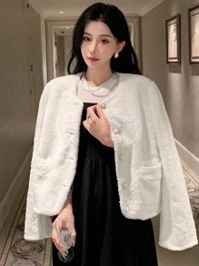 DAZY Áo khoác nữ tay dài màu trơn, cài nút, túi trước, đơn giản, thường ngày, mặc hàng ngày, đêm giao thừa, quần áo nữ mùa thu, áo khoác nữ - trắng - Xem 3