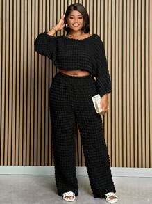Slaydiva Women Plus Size Casual Fall Black Textured Fabric Dolman Sleeve Top & Pants, Fall Two Pieces Outfit