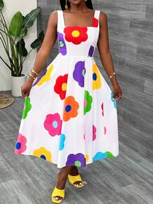 SHEIN Slayr Vestido elegante de mujer con cintura suelta, sin mangas, con tirantes anchos y estampado floral blanco - A - Multicolor - Ver 3