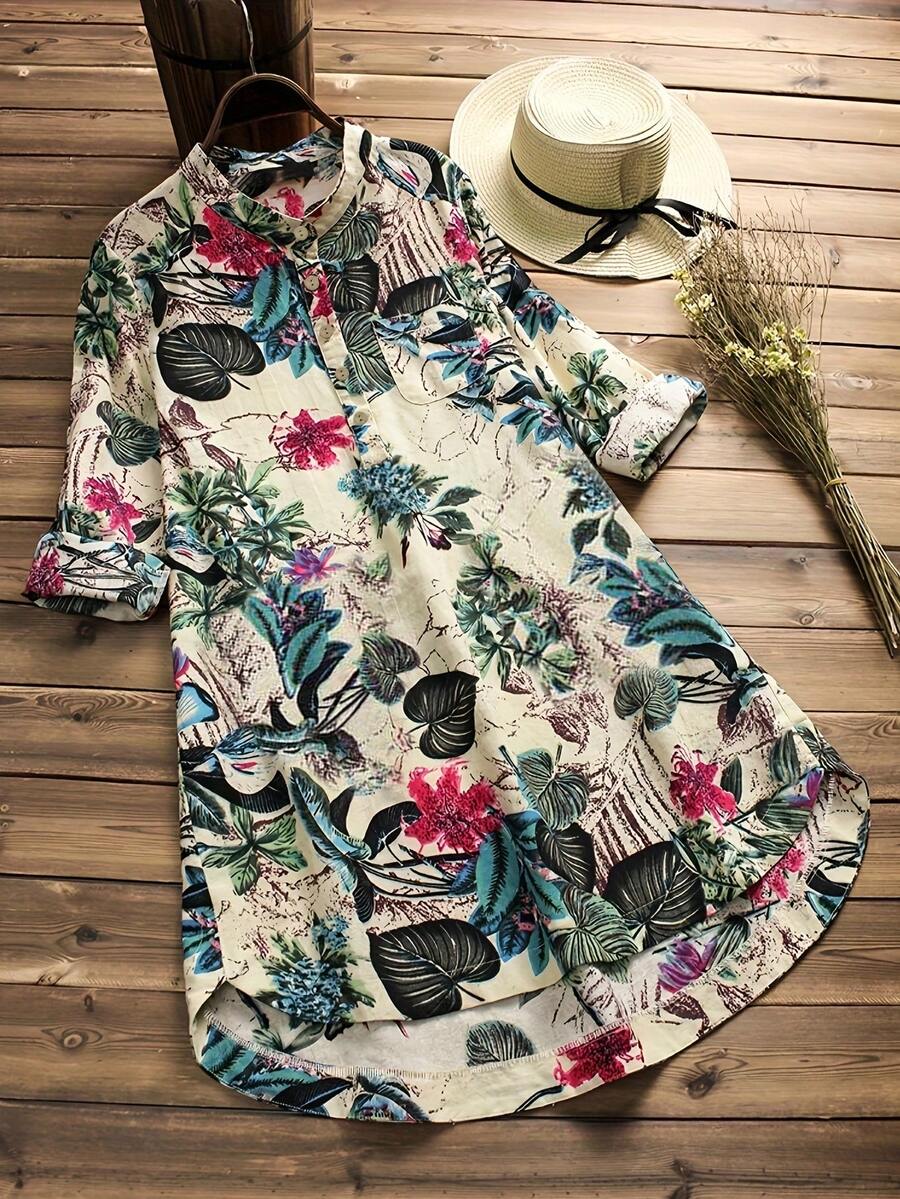 Plus Size Women Floral Print Casual Long Blouse Shirt - Multicolor - View 1