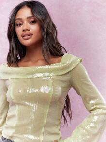 MISSGUIDED Y2K未来主义优雅露肩亮片喇叭袖上衣，闪耀派对衬衫，圣帕特里克节爱尔兰主题节日晚宴魅力庆典装扮，幸运符圣诞装扮