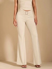 SHEIN BAE Simple Square Rhinestone Embellished Pleated Flare Pants, Casual Daily Wear - Apricot - View 6