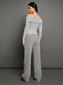 WESTFADE Cardigan tricoté côtelé avec épaules dénudées - Gris - Voir 2