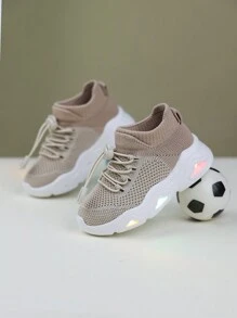 Zapatillas deportivas con luz brillante, suela suave y duradera, zapatos de contraste de color con banda elástica de tela transpirable para niños - Beis - Ver 1